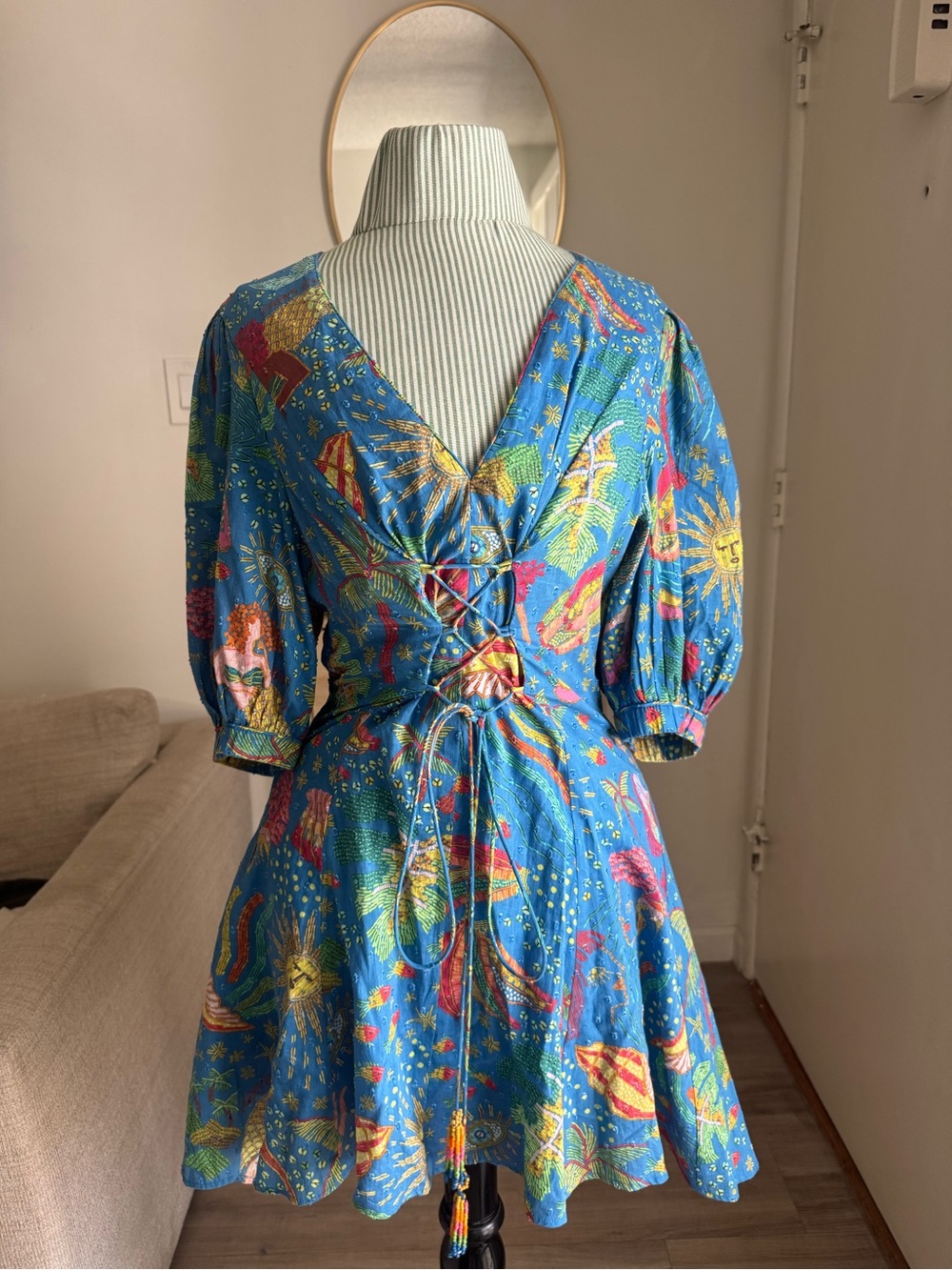 FARM Rio Blue Tropical Lace-Up Back Mini Dress Size Small